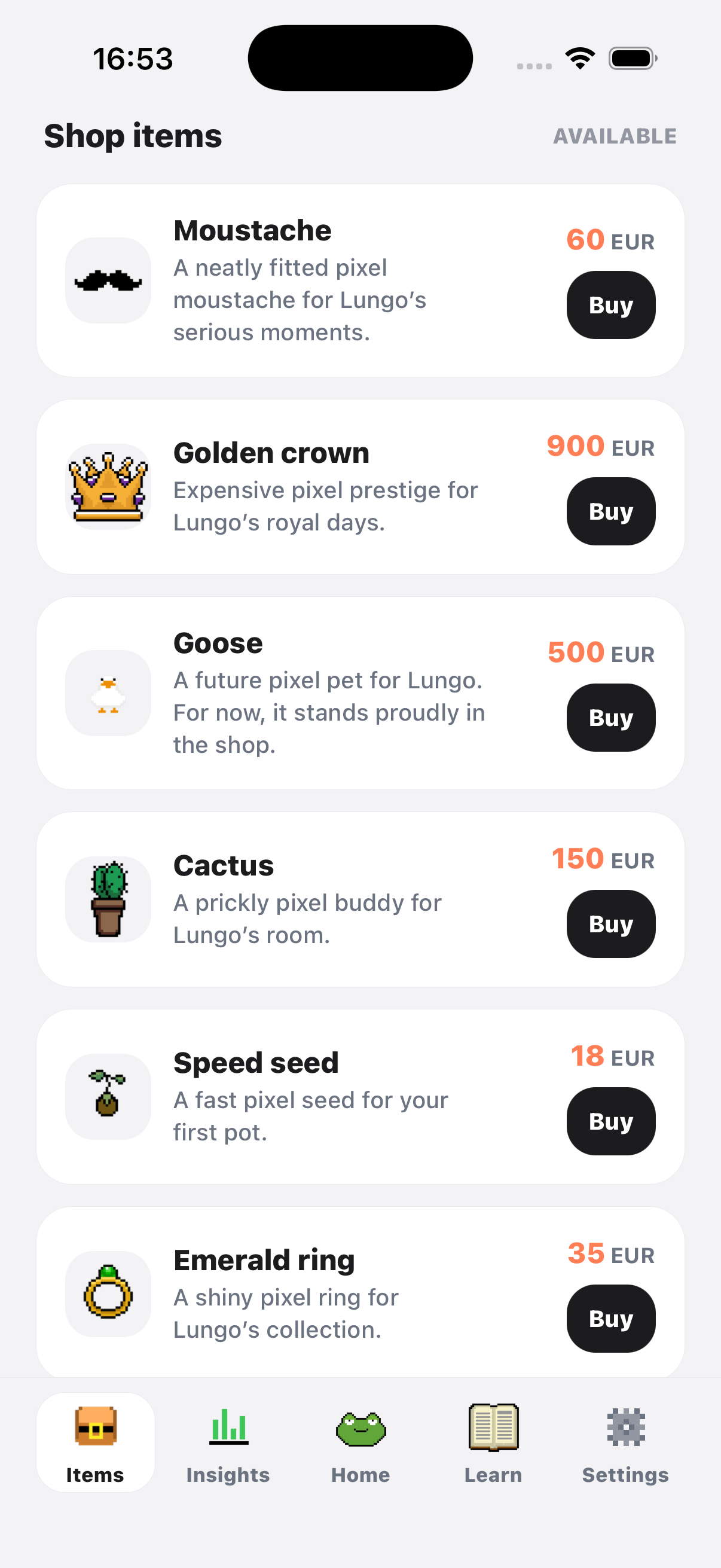 Lungo item shop with cosmetic rewards for the frog buddy